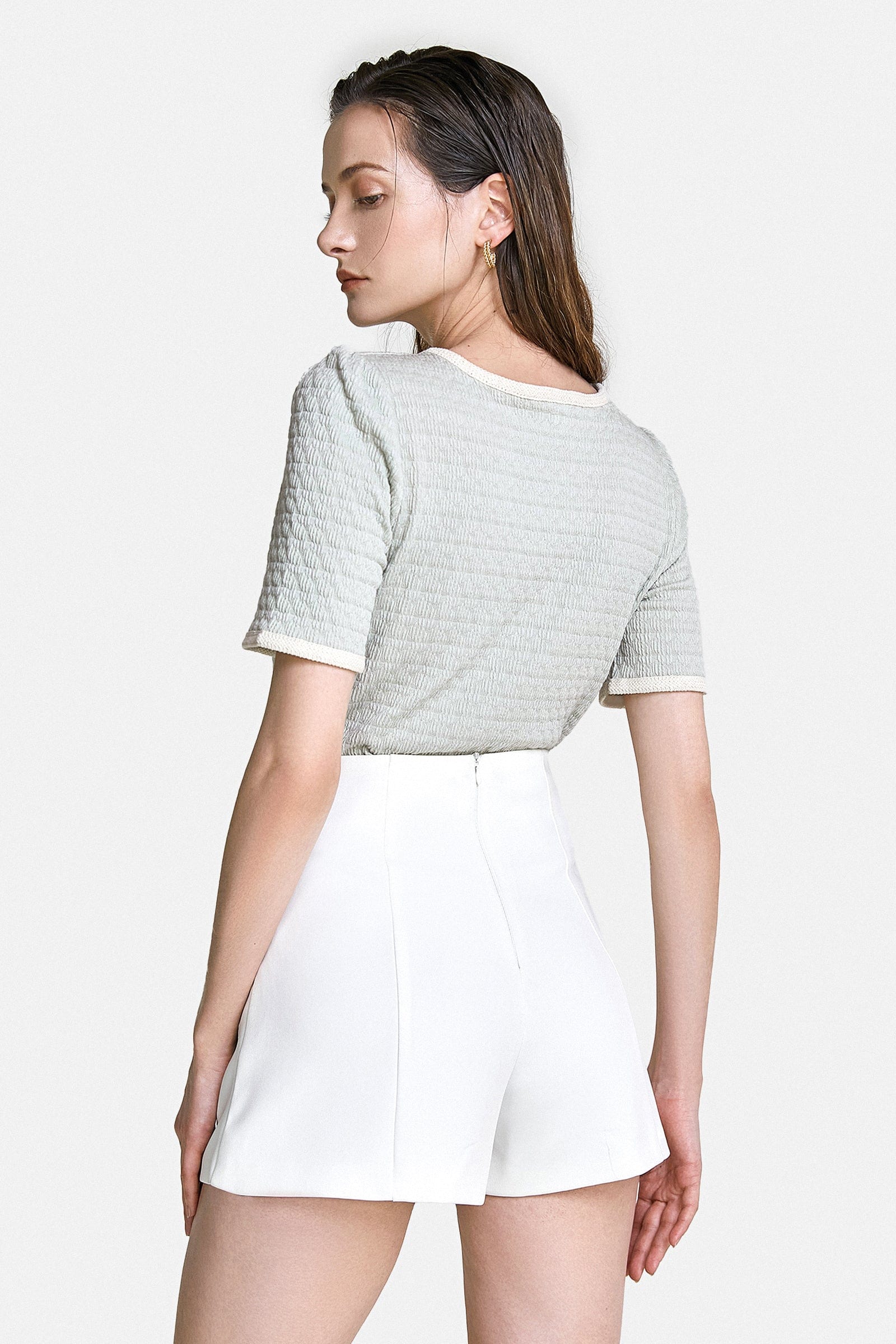 Light Green Textured Contrast Binding Short Sleeve Blouse