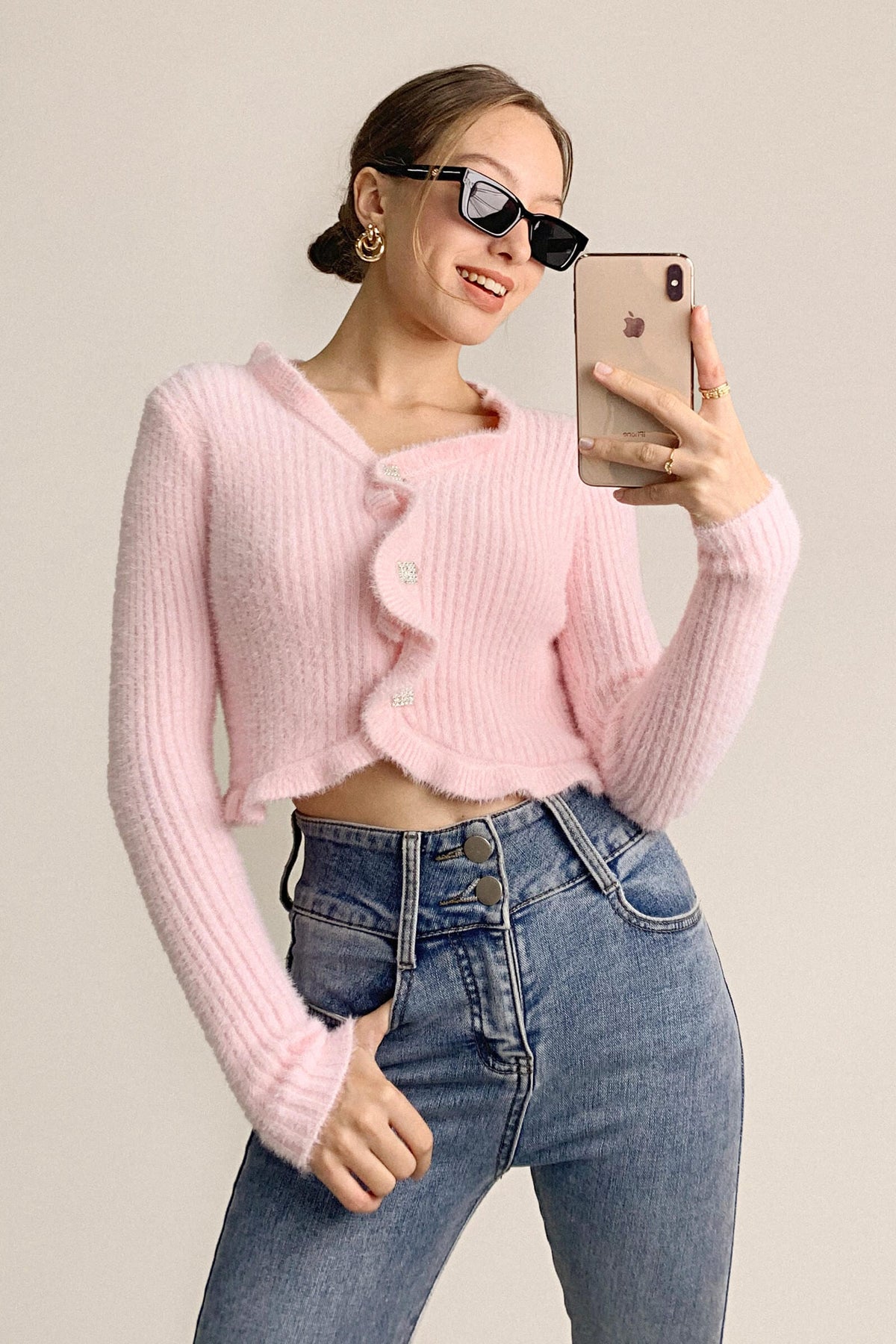 Pink Ruffle Trim Ribbed Knit Fitted Cardigan