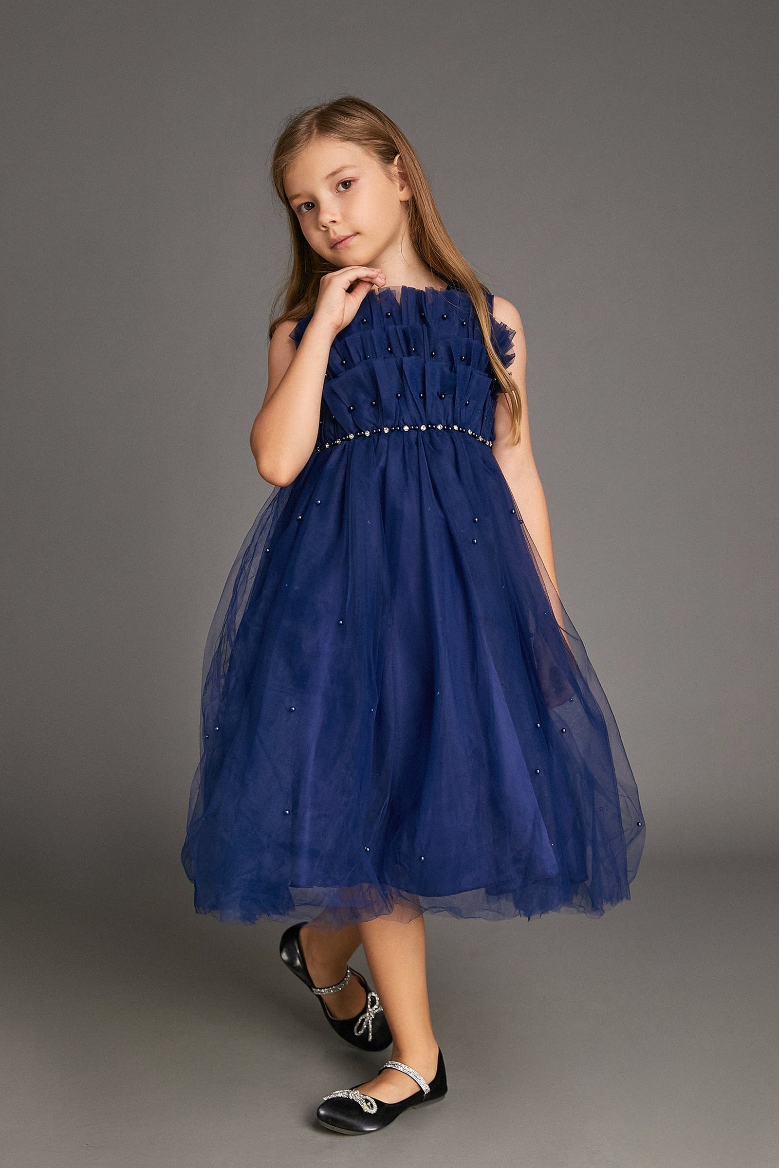 Kids Girls Midnight Blue Strapless Ruffled Pearl-Embellished Tulle Maxi Party Dress