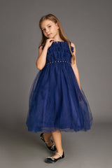 Kids Girls Midnight Blue Strapless Ruffled Pearl-Embellished Tulle Maxi Party Dress