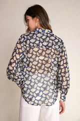 Dark Blue Leaf Print Button-Up Shirt