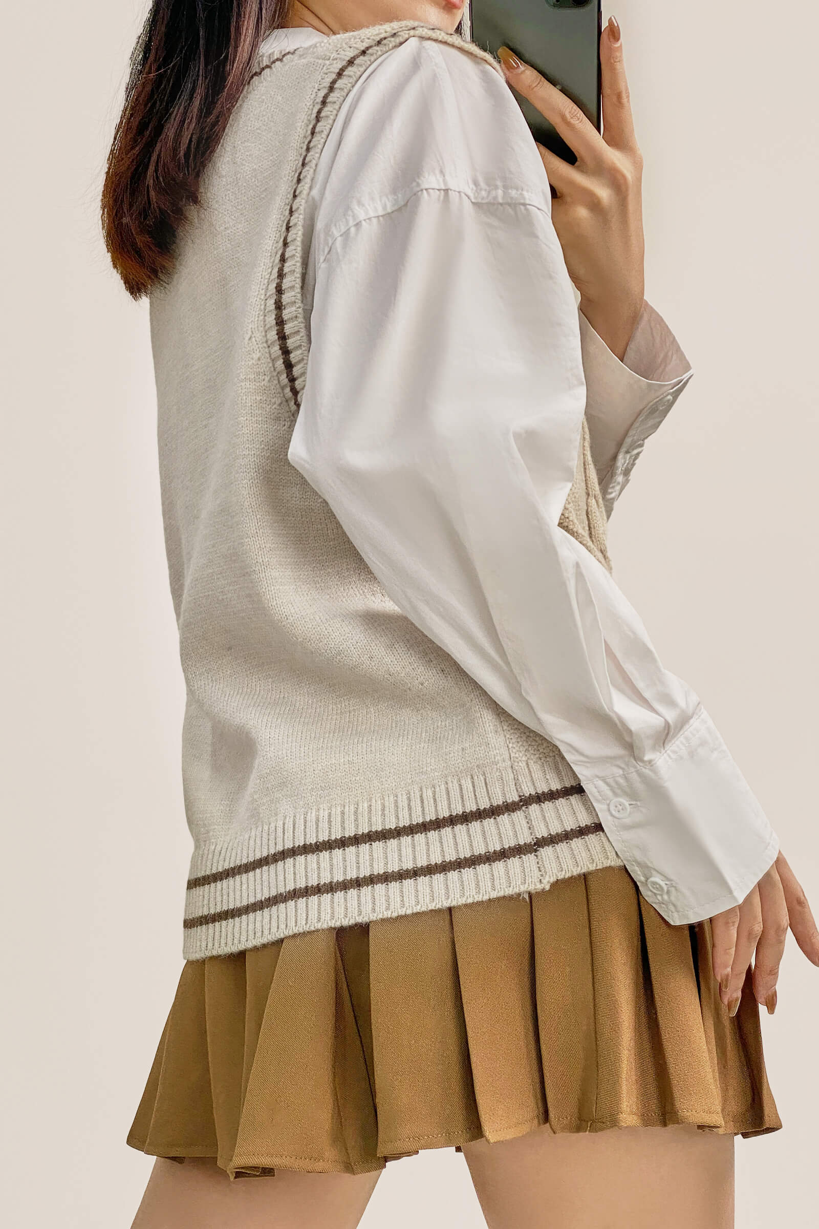 Ivory Cable Knit Striped Trim Sweater Vest