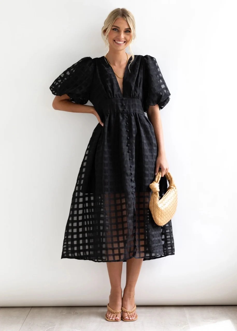 Beautiful square pattern fabric puff sleeve midi