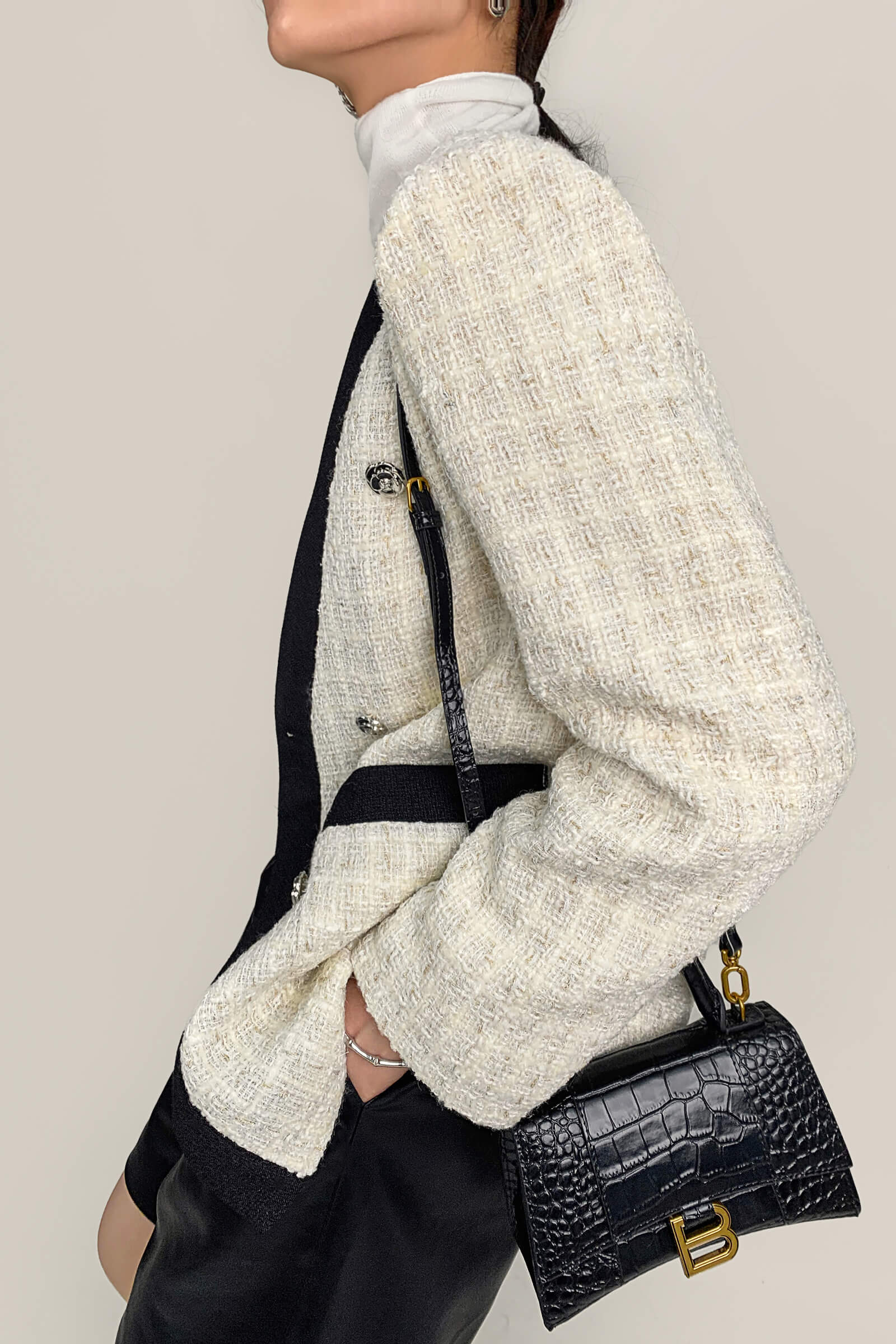 Floral White Contrast Trim Double-Breasted Wool-Blend Tweed Jacket