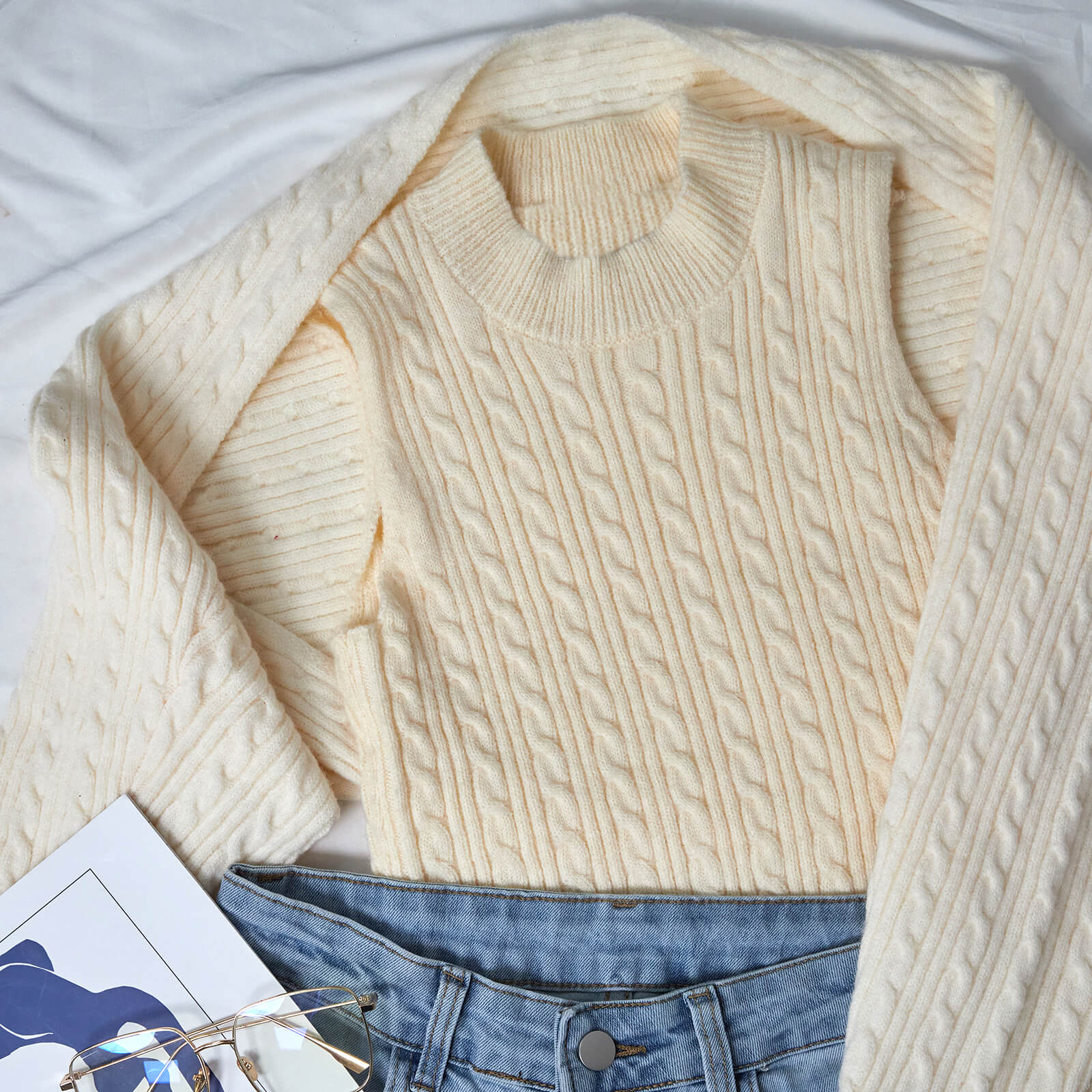 Ivory Cable Knit Shrug Cardigan & Vest Two-Piece Set