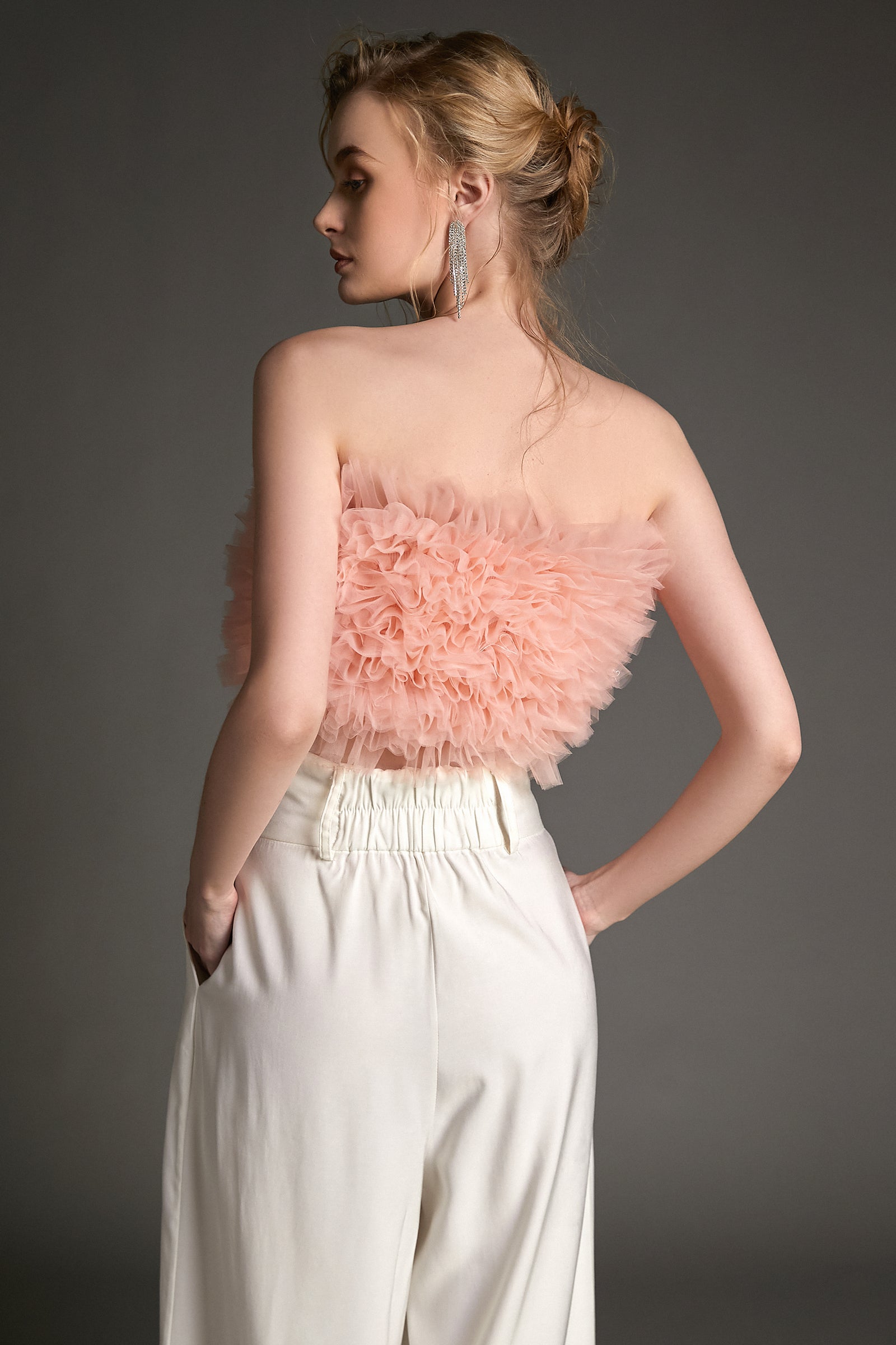 Pink Ruffled Tulle Knit Crop Top