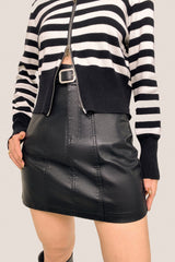 Black Vegan Leather Belted High Rise A-Line Mini Skirt