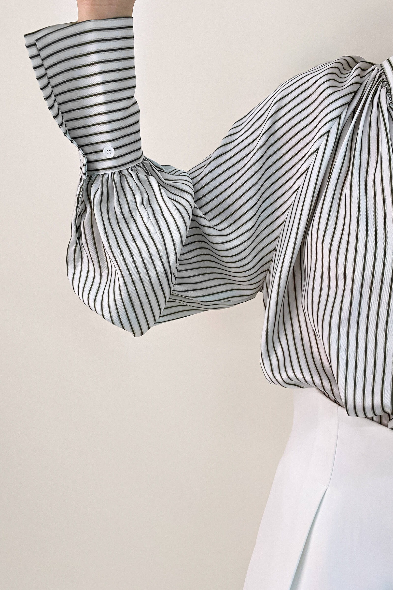 White High Neck Tie Detail Striped Blouse