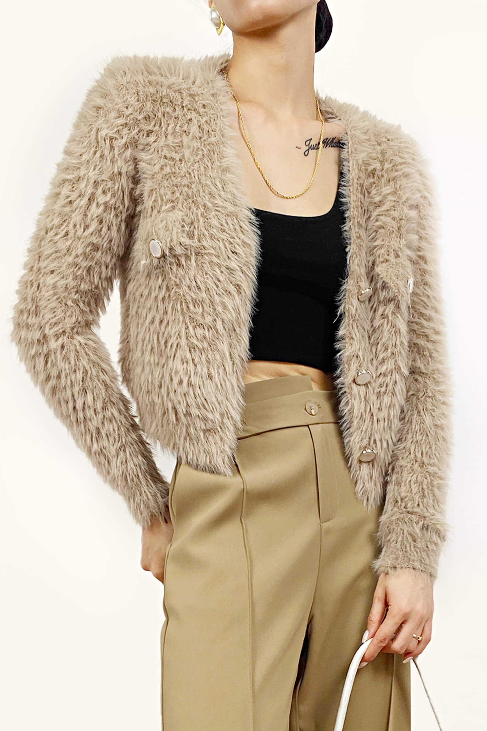 Sandy Brown Fuzzy Knit V-Neck Cropped Cardigan