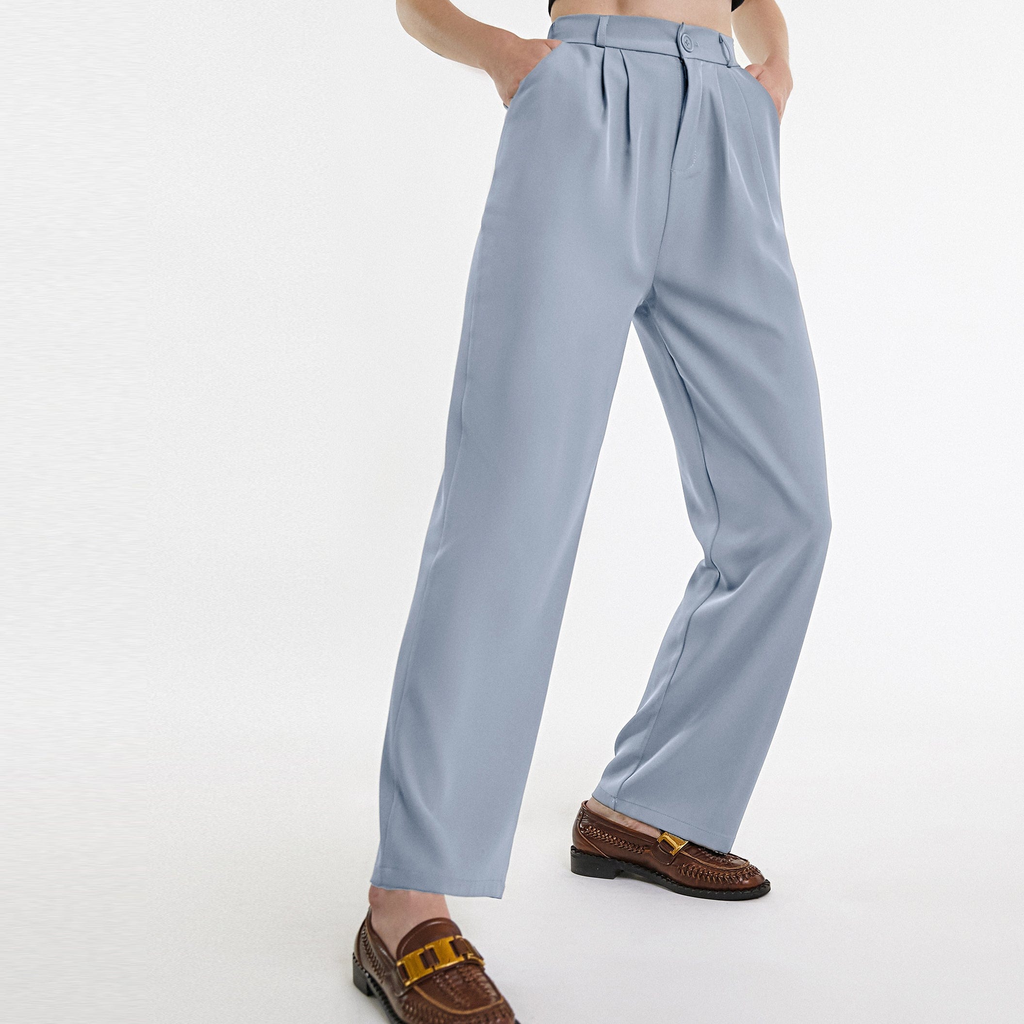 Light Steel Blue  Half Elastic Pleat Detail Wide Leg Suit Pants