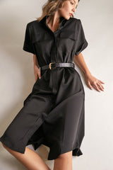 Black Dolman Sleeve Button-Up Tie Waist Shirt Midi Dress