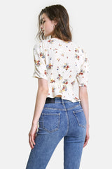 Ivory Floral Print Surplice V-Neck Tie Detail Blouse