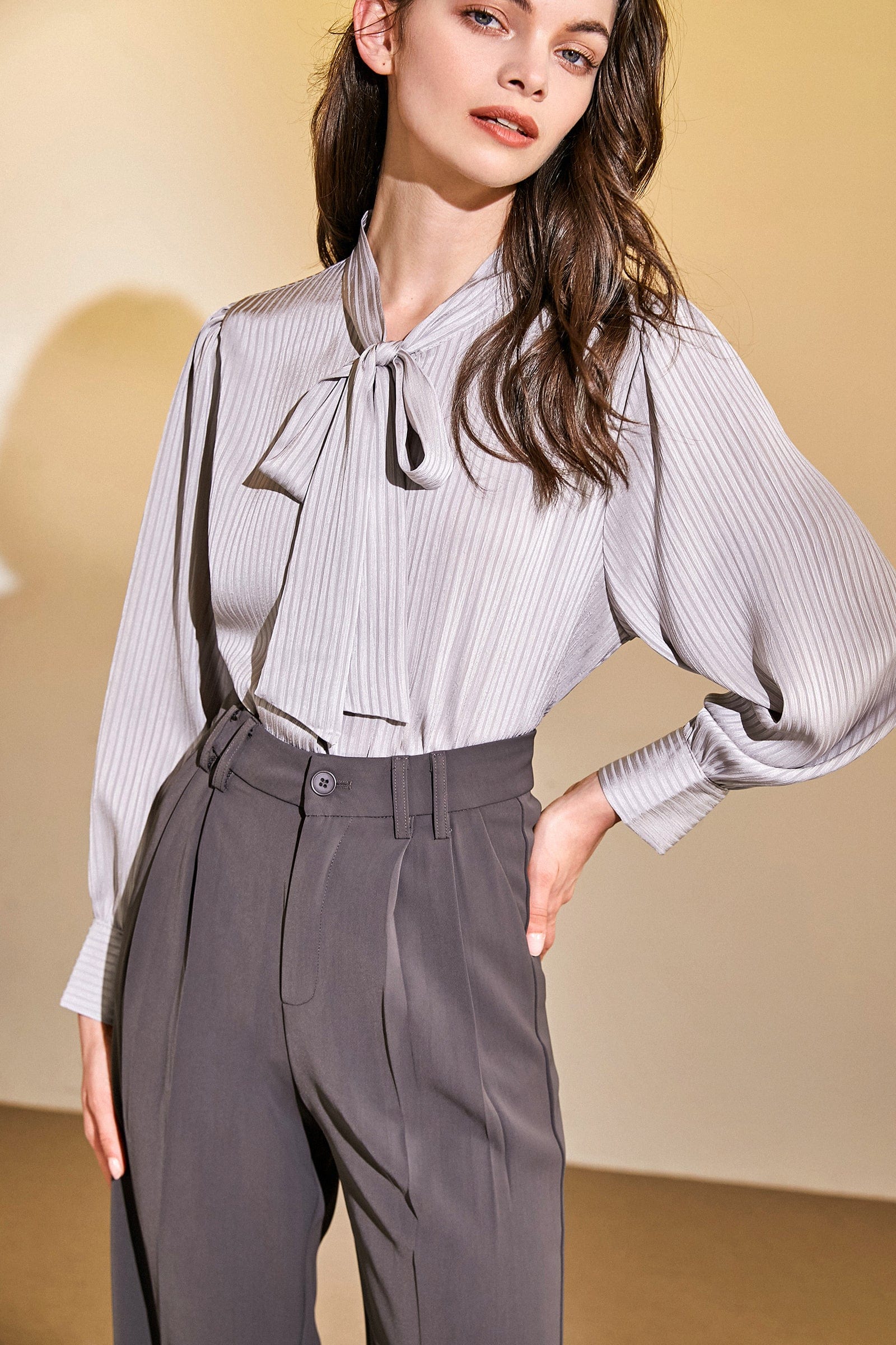 Grey Chiffon Tie-Neck Striped Shirt