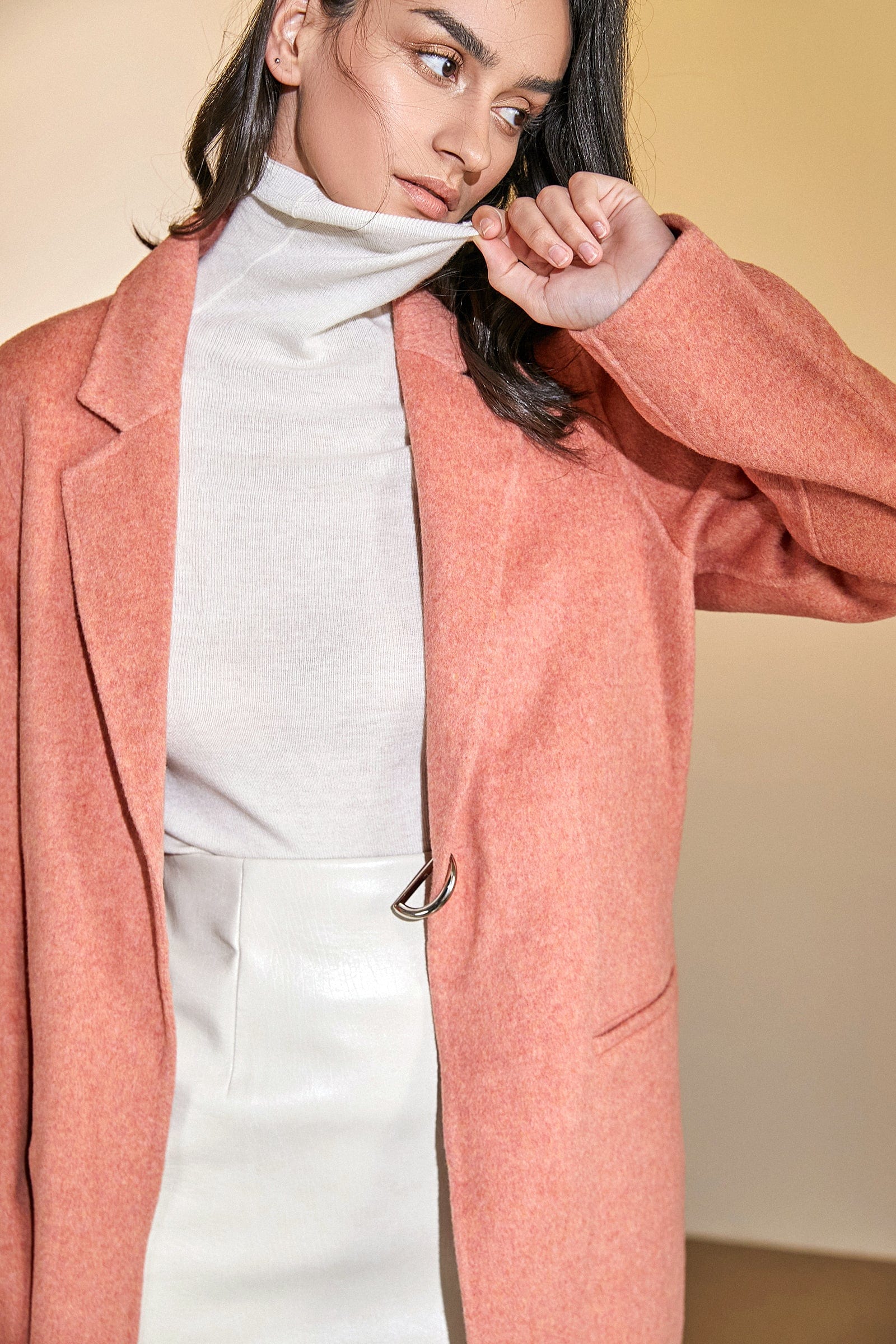 Salmon 100% Wool Notched Collar Longline Coat