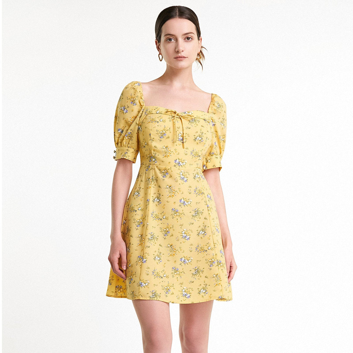 Yellow Floral Print Smocked Tiered Hem Mini Dress