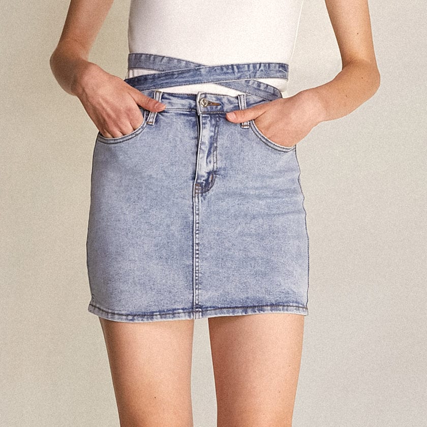 Light Blue Wash Tie Detail Denim Mini Skirt