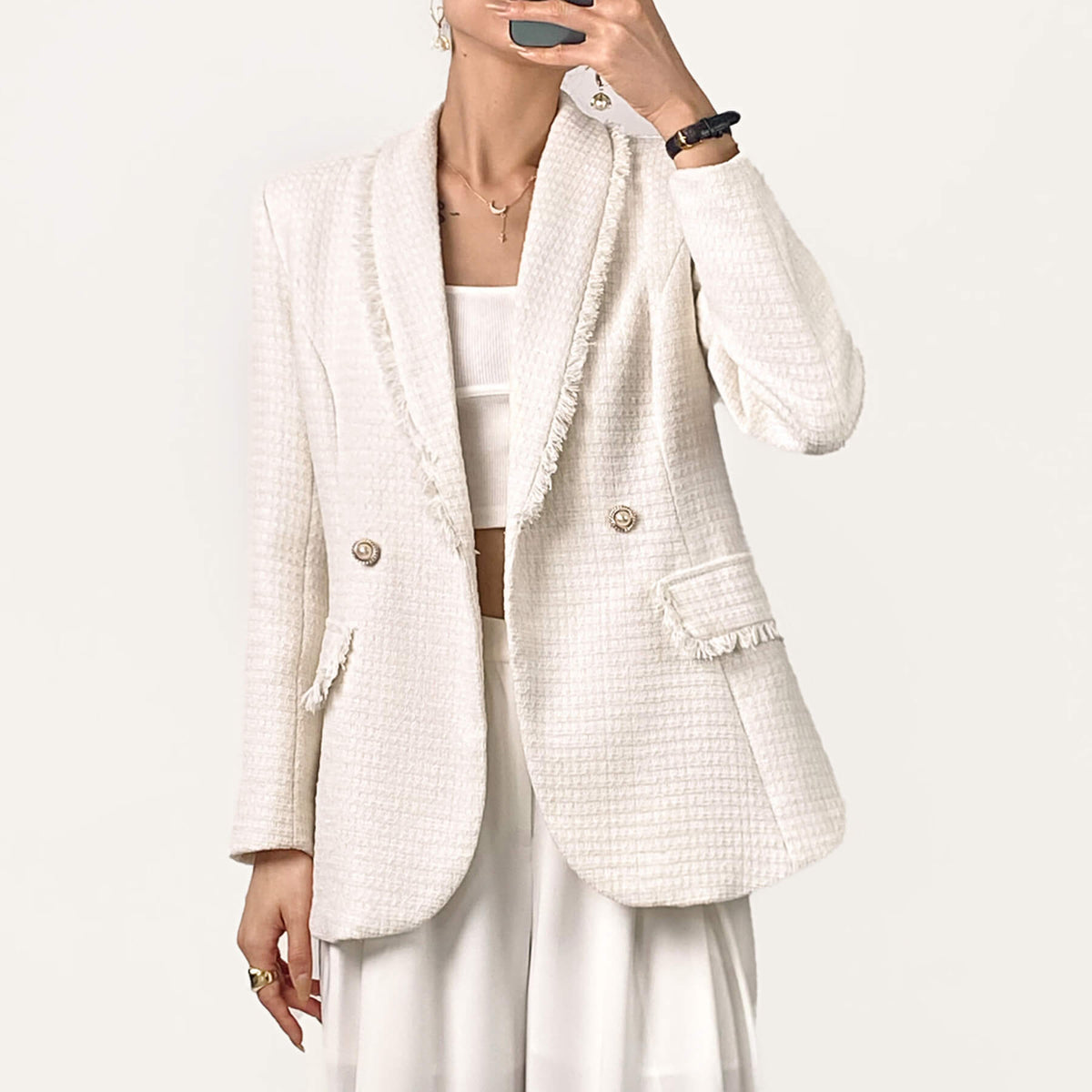 White Shawl Collar Double-Breasted Tweed Blazer