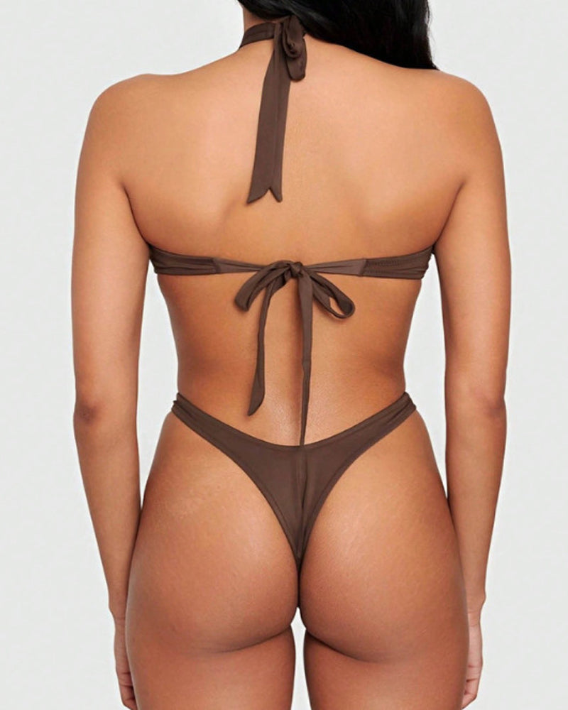 Halter Neck Backless O-ring Cutout One-piece Swimsuit