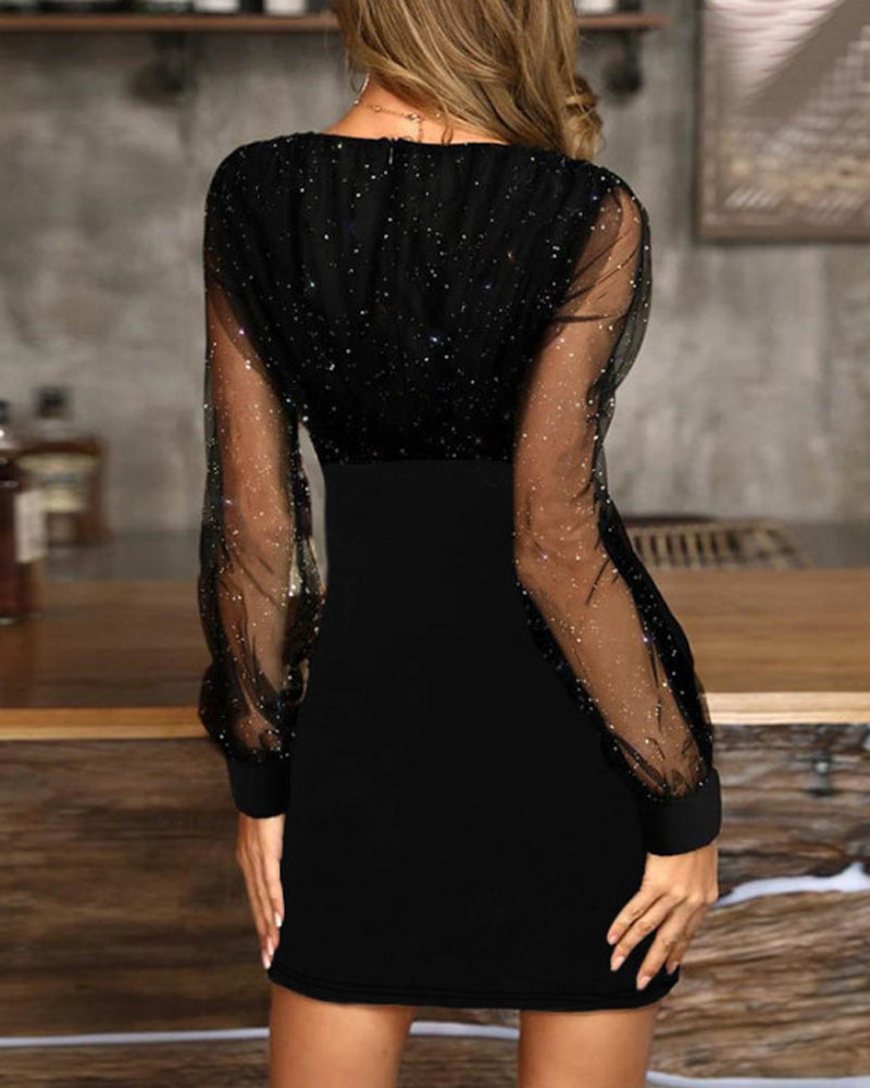 Slim Fit Mesh V-neck Sequined Dress