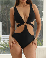 Solid Color Deep V-neck Hollowed-out One-piece Swimsuit