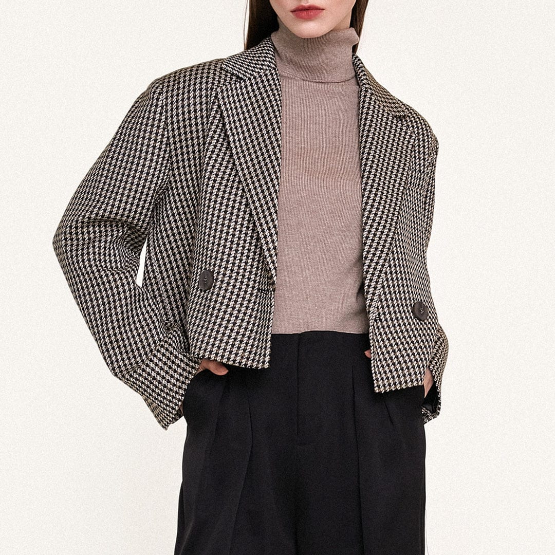 Sienna Double-Breasted Houndstooth Cropped Blazer