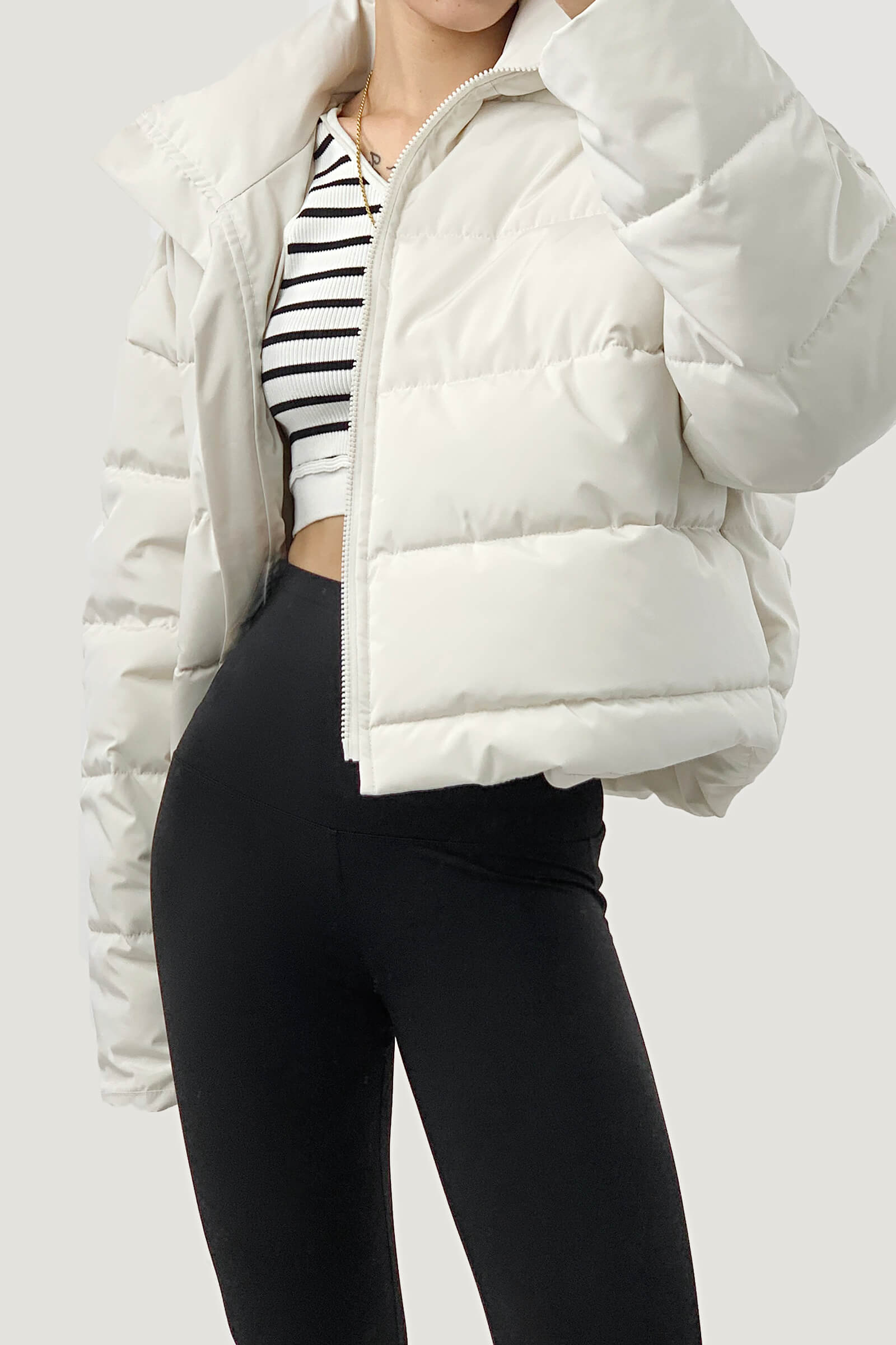 White Stand Collar Zip Puffer Jacket