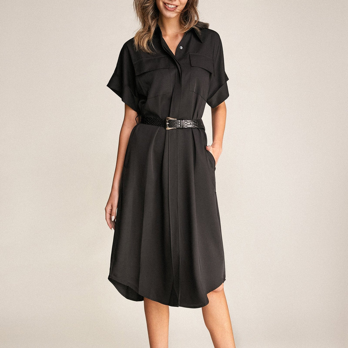Black Dolman Sleeve Button-Up Tie Waist Shirt Midi Dress