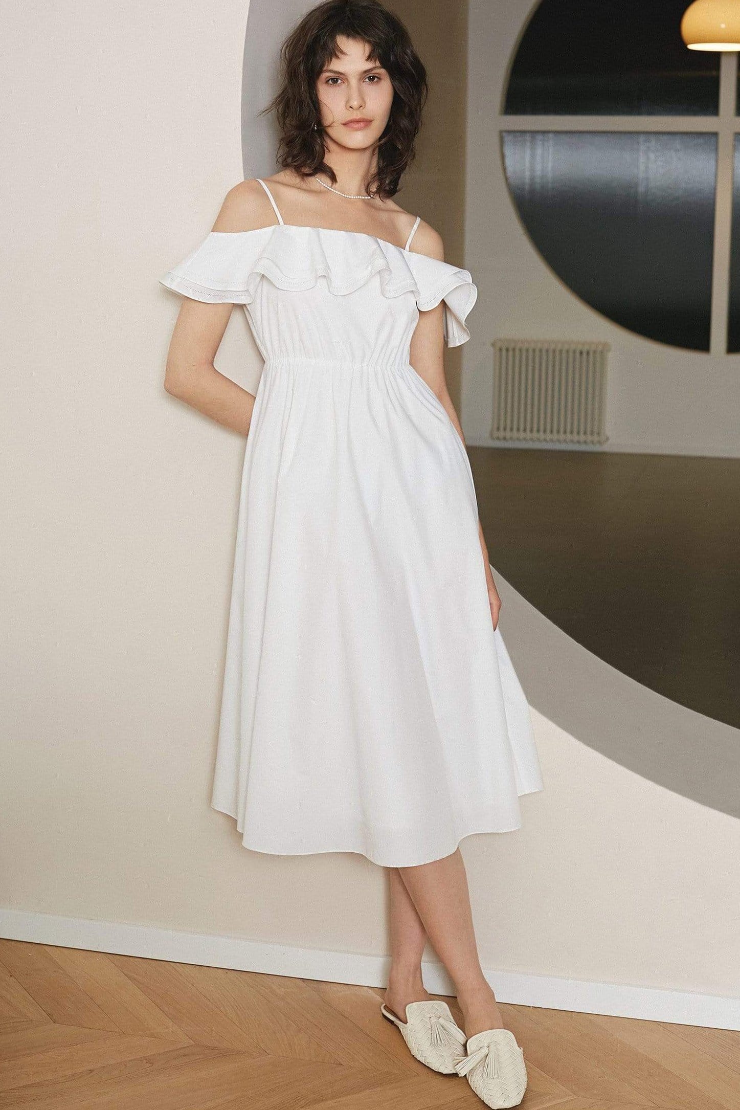 White Petal Neckline Midi Dress