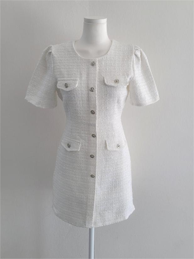 Crewneck Tweed White Mini Dress