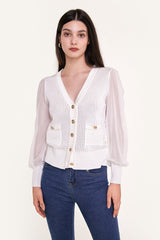 White Sheer Long Sleeve Pointelle-Knit Cardigan With Gold Buttons