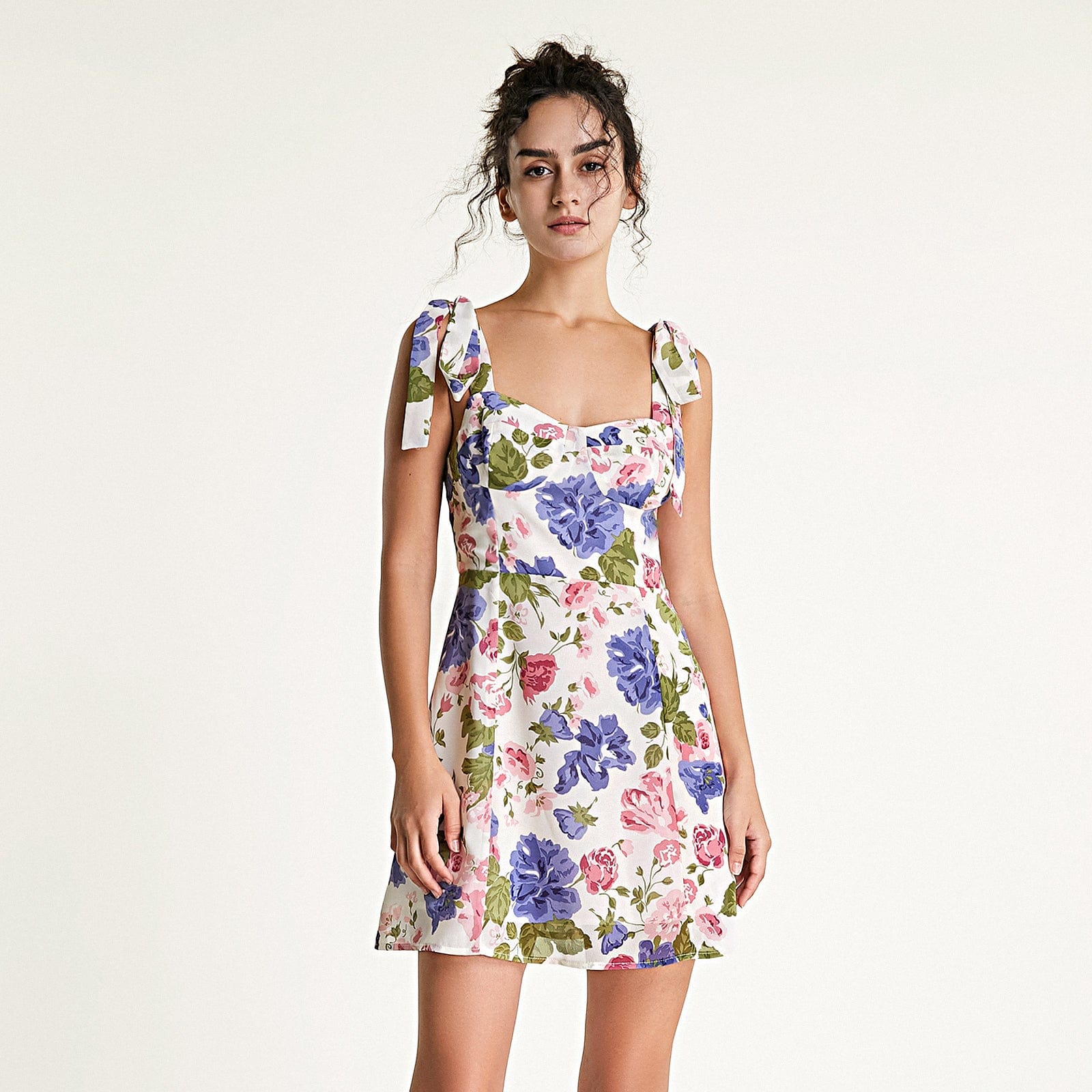 Multicolor Floral Print Tie Strap Mini Dress