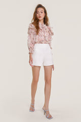 Pink Floral Print Tie Neck Ruffled Chiffon Blouse