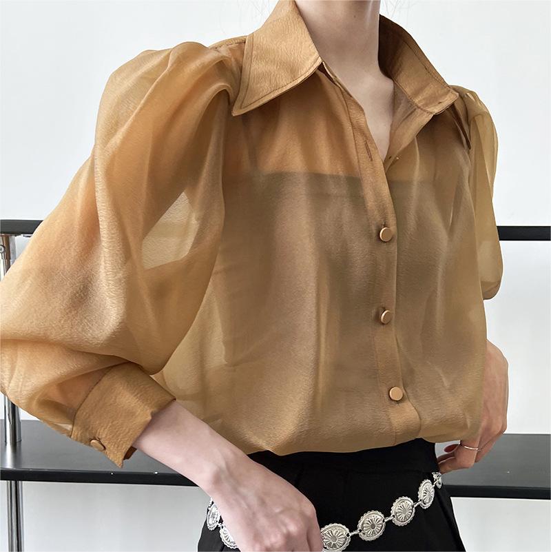Puff Sleeve Long Sleeve Shirt Caramel Color