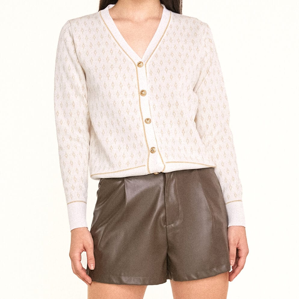 White Jacquard-Knit V-Neck Button-Up Cardigan