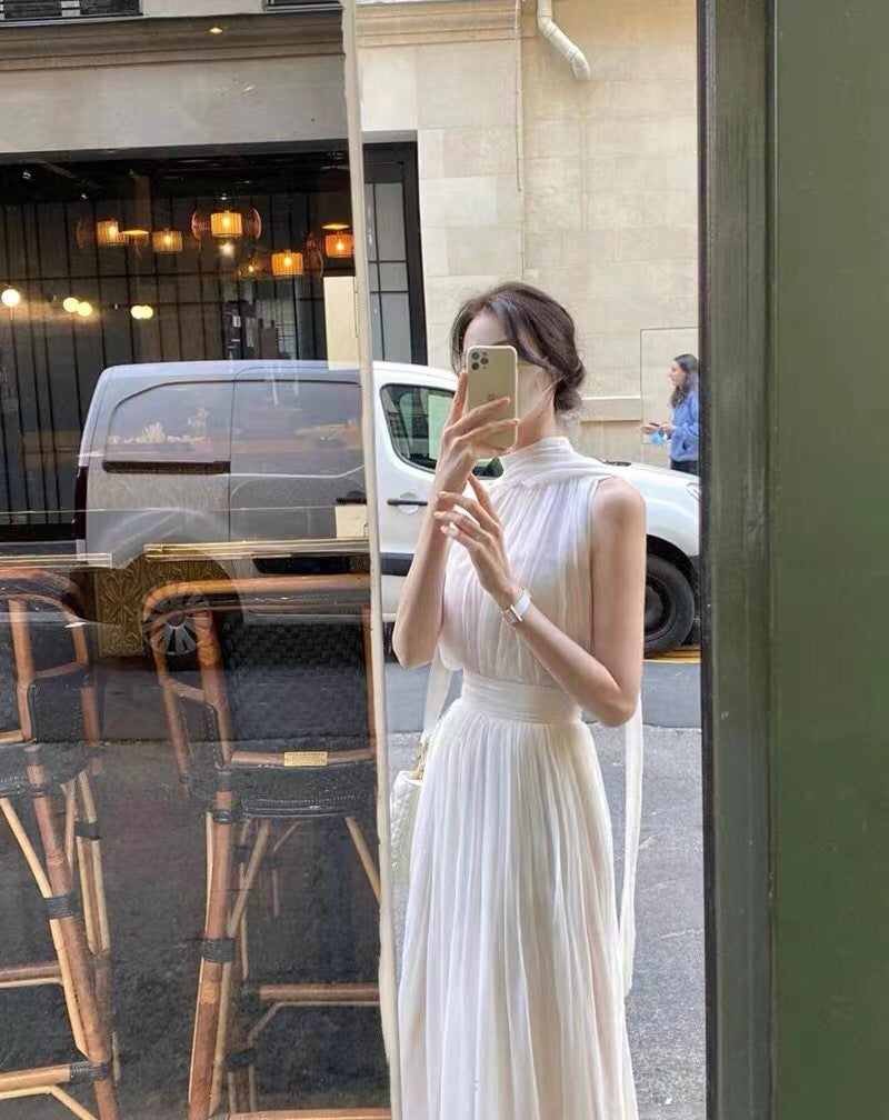 White Sleeveless Pleat Detail Spaghetti Strap Midi Dress