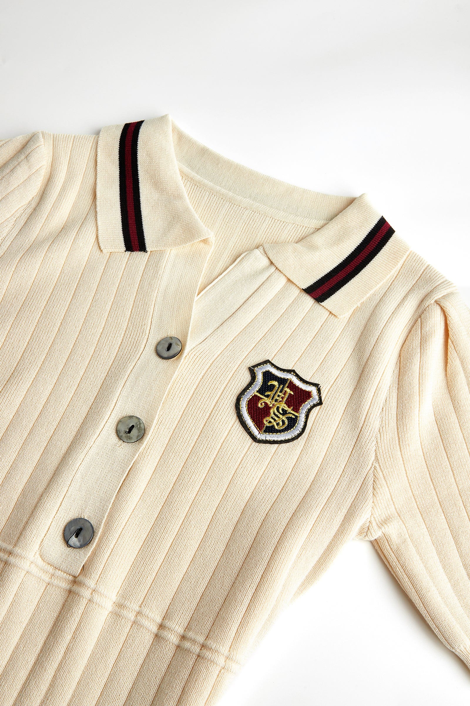 Ivory Embroidered Patch Polo Rib-Knit Dress