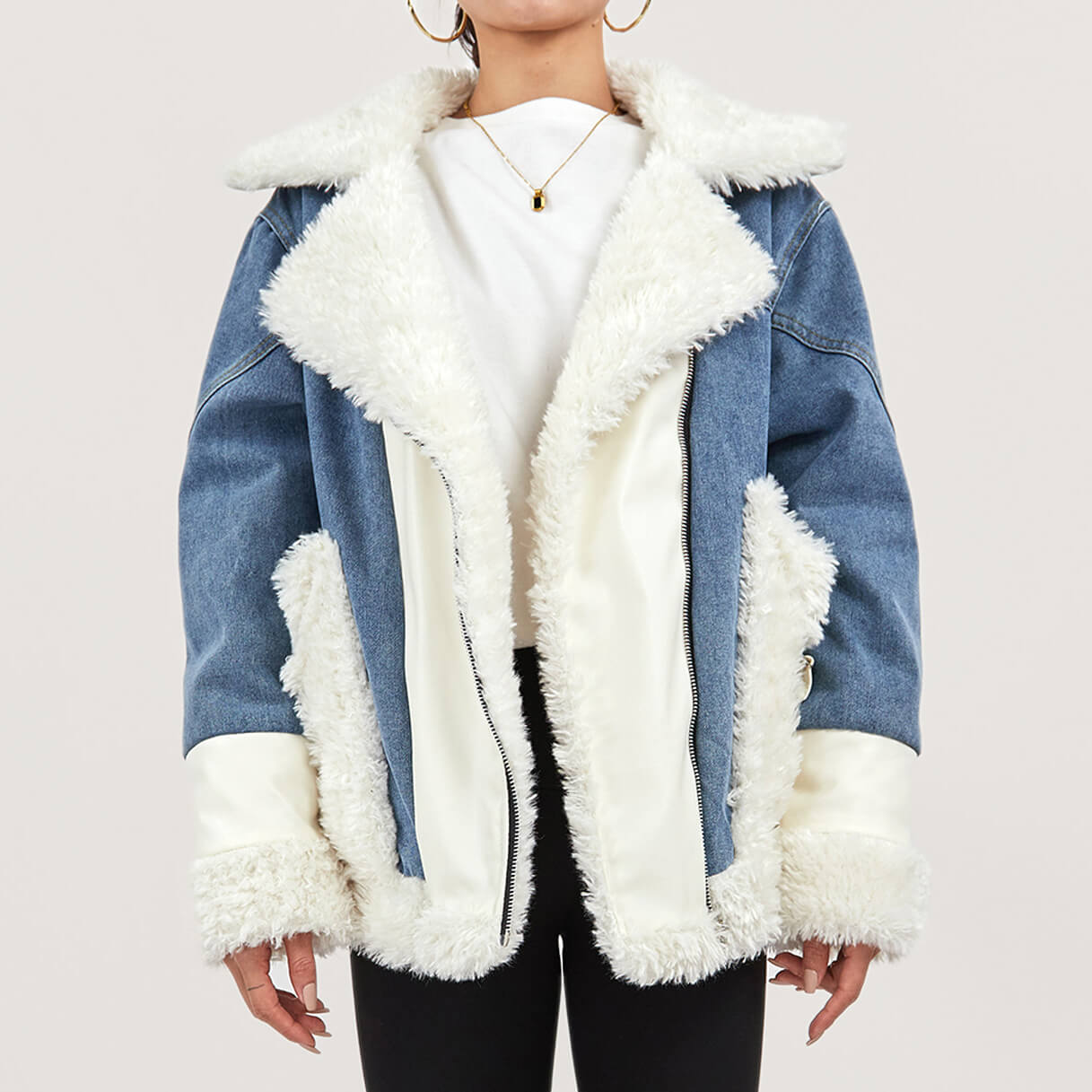 Zip Up Teddy Denim Jacket