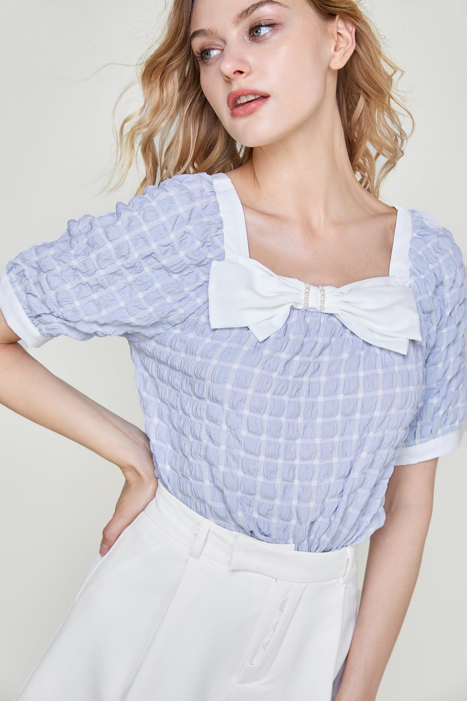 Light Sky Blue Square Neck Bow-Embellished Textured Blouse