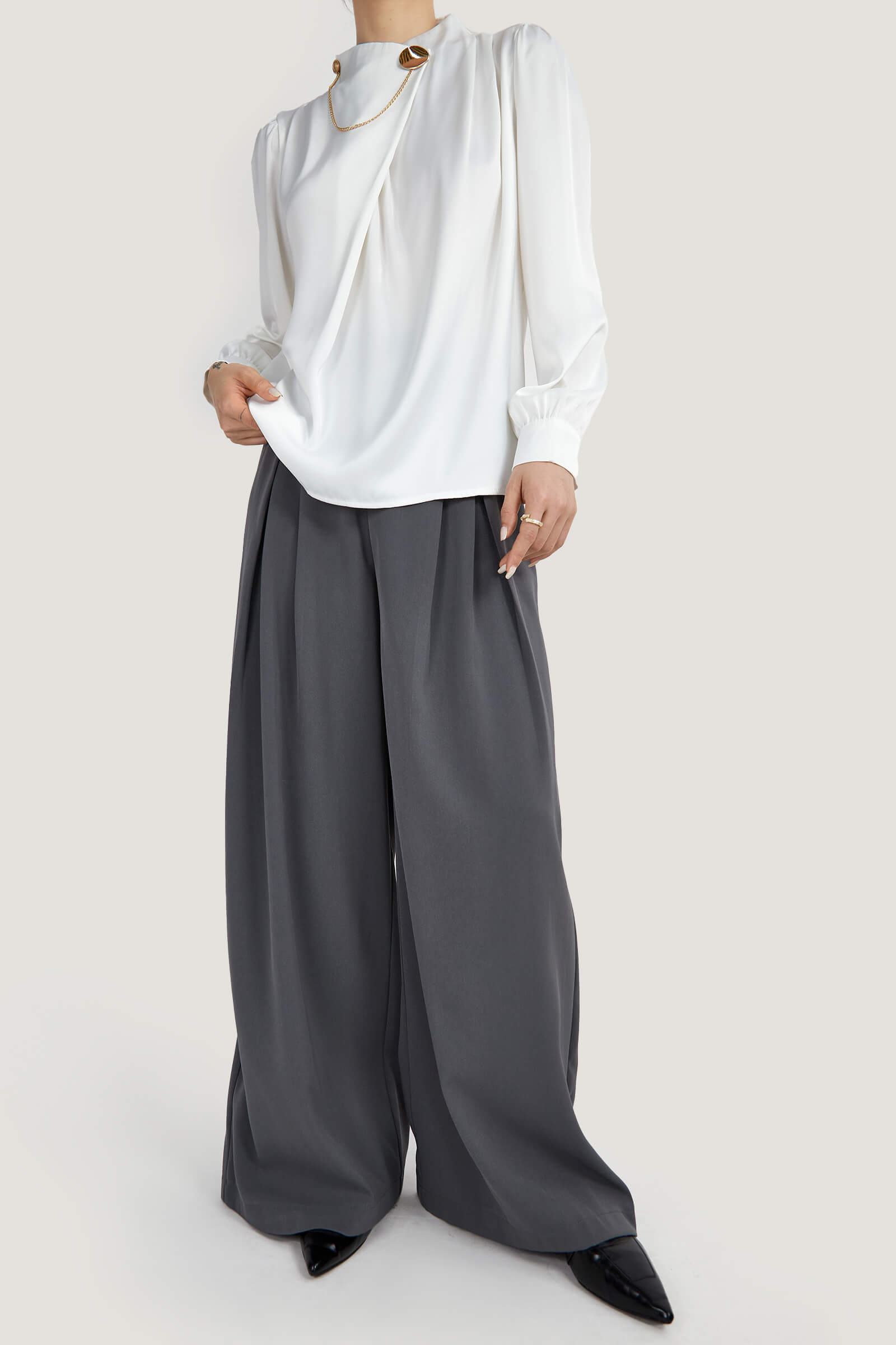 White Mock Neck Ornamental Lantern Sleeve Blouse