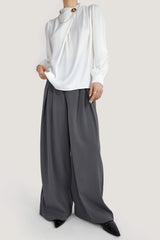 White Mock Neck Ornamental Lantern Sleeve Blouse