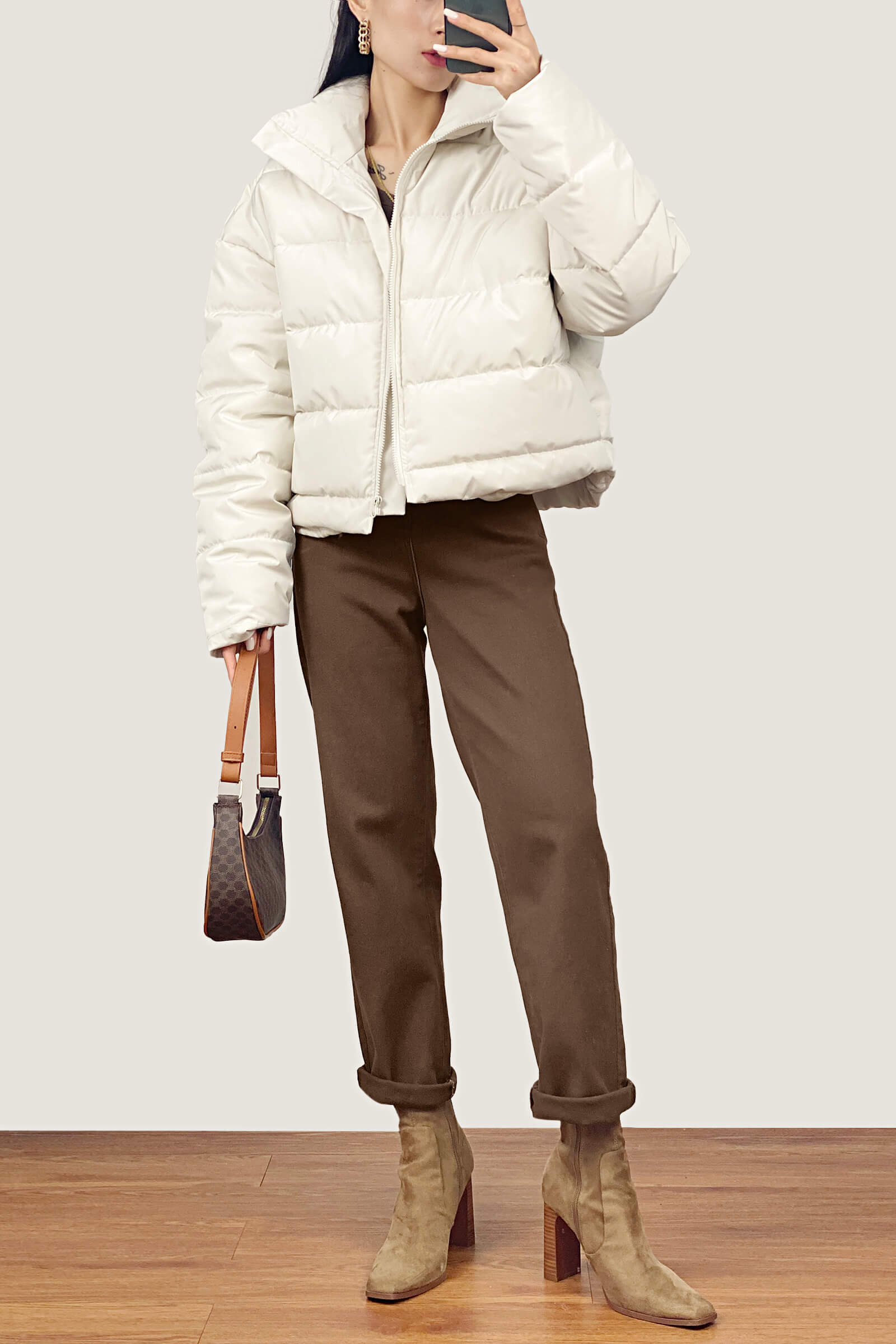 White Stand Collar Zip Puffer Jacket