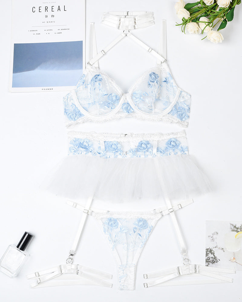 Floral Embroidery Mesh Patchwork Halter Neck Lingerie Set