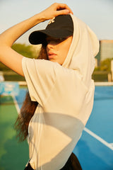 White Ribbed Hooded Half-Zip T-shirt