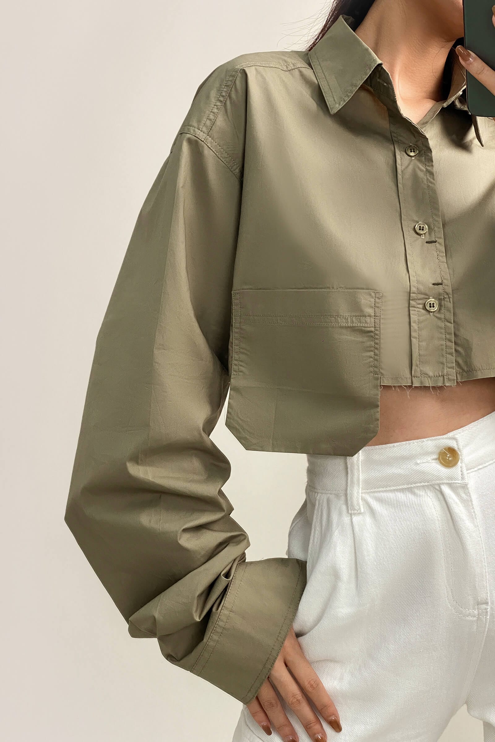 Dark Khaki Pocket Detail Cropped Shirt