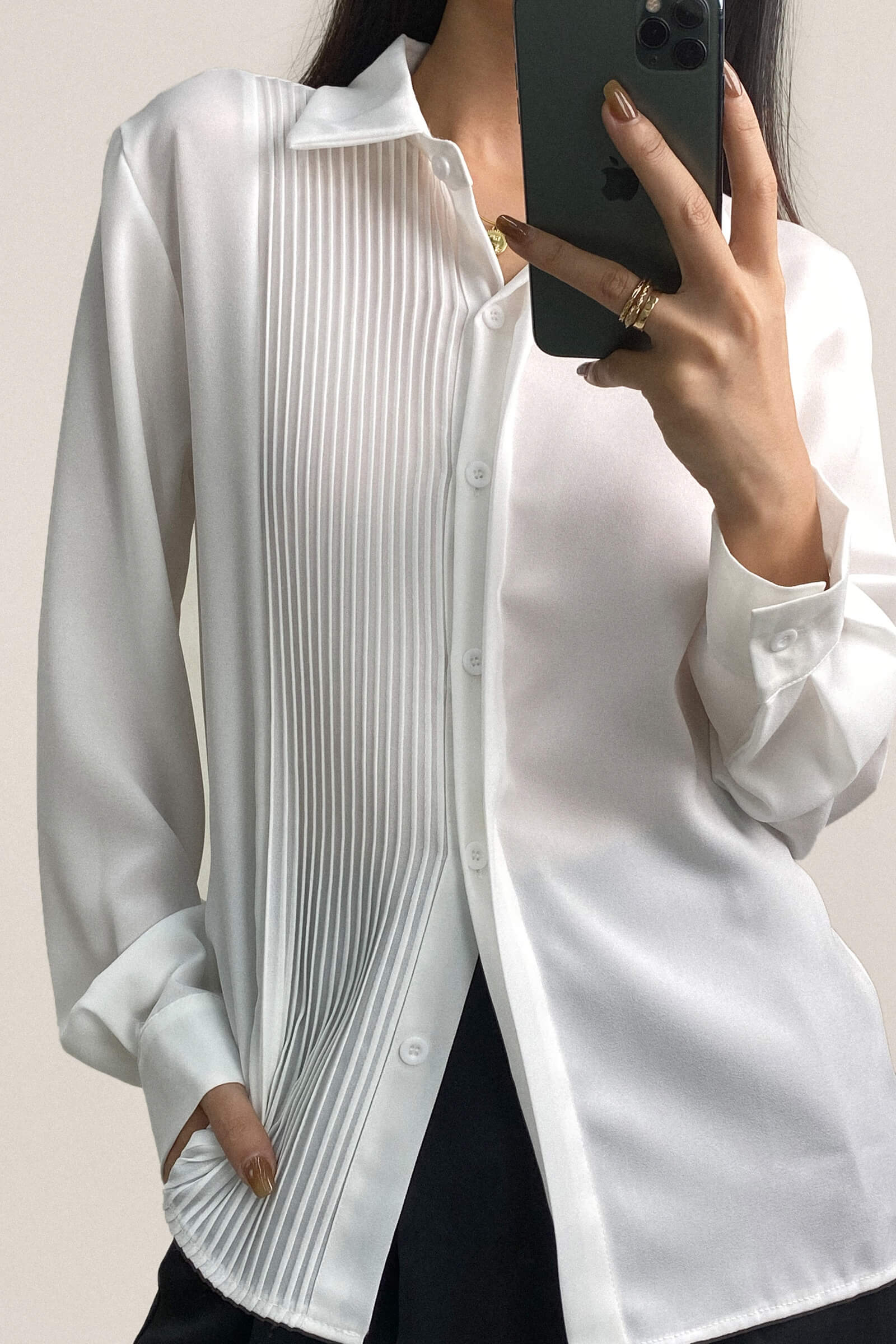 White Pleat Detail Long Sleeve Button-Up Chiffon Shirt