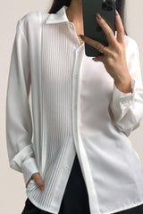 White Pleat Detail Long Sleeve Button-Up Chiffon Shirt
