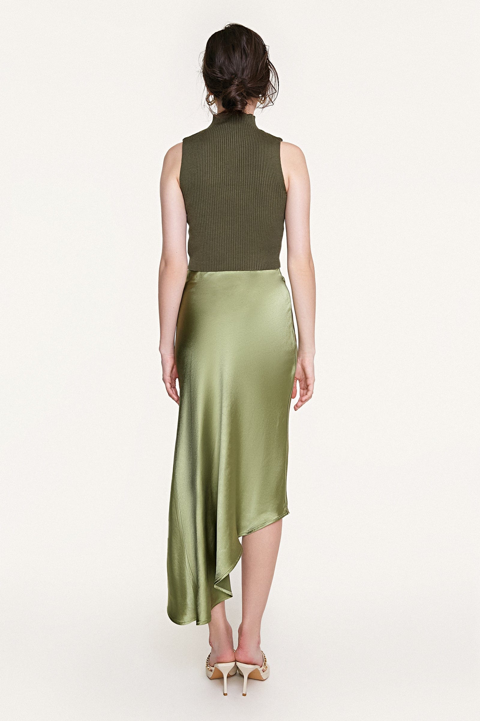 Olive Drab Satin Button Side Asymmetric Midi Skirt