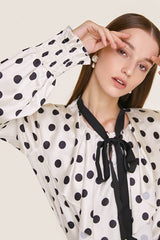 Ivory Polka Dot Flounce-Trimmed Tie Neck Chiffon Blouse
