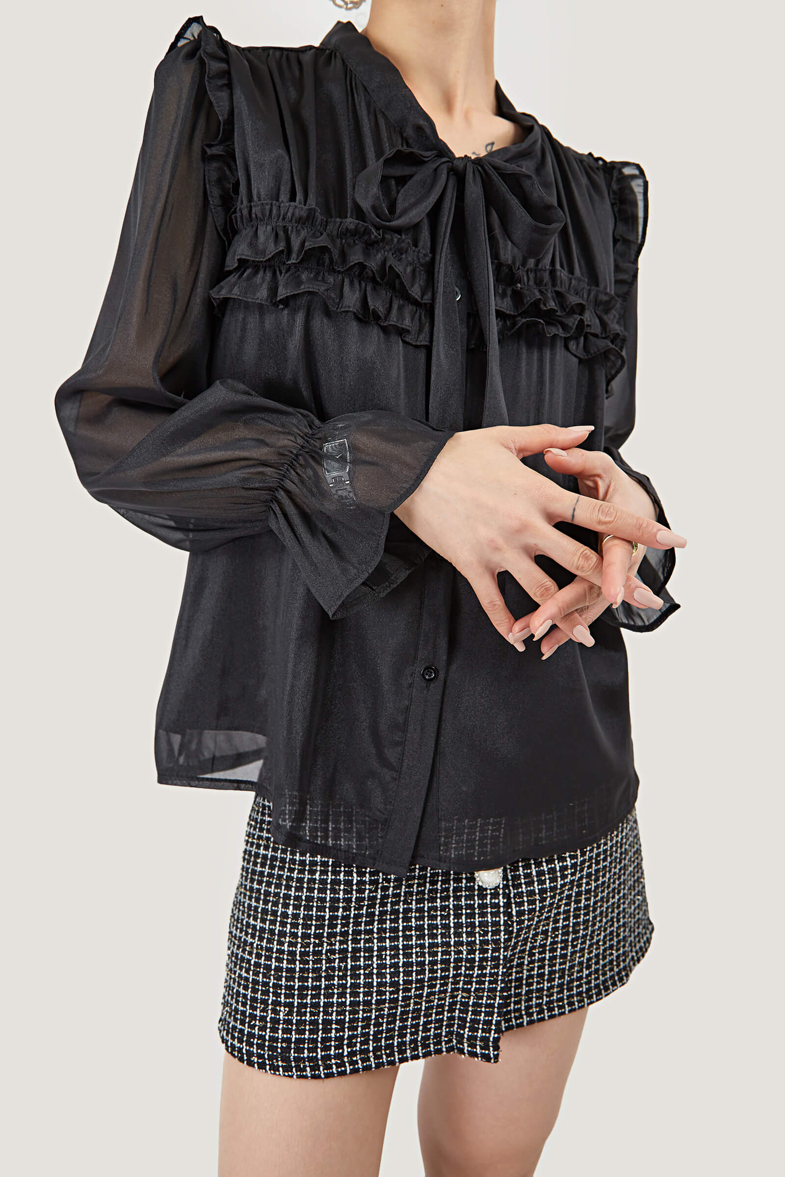 Tie-Neck Ruffle Pleated  Blouse