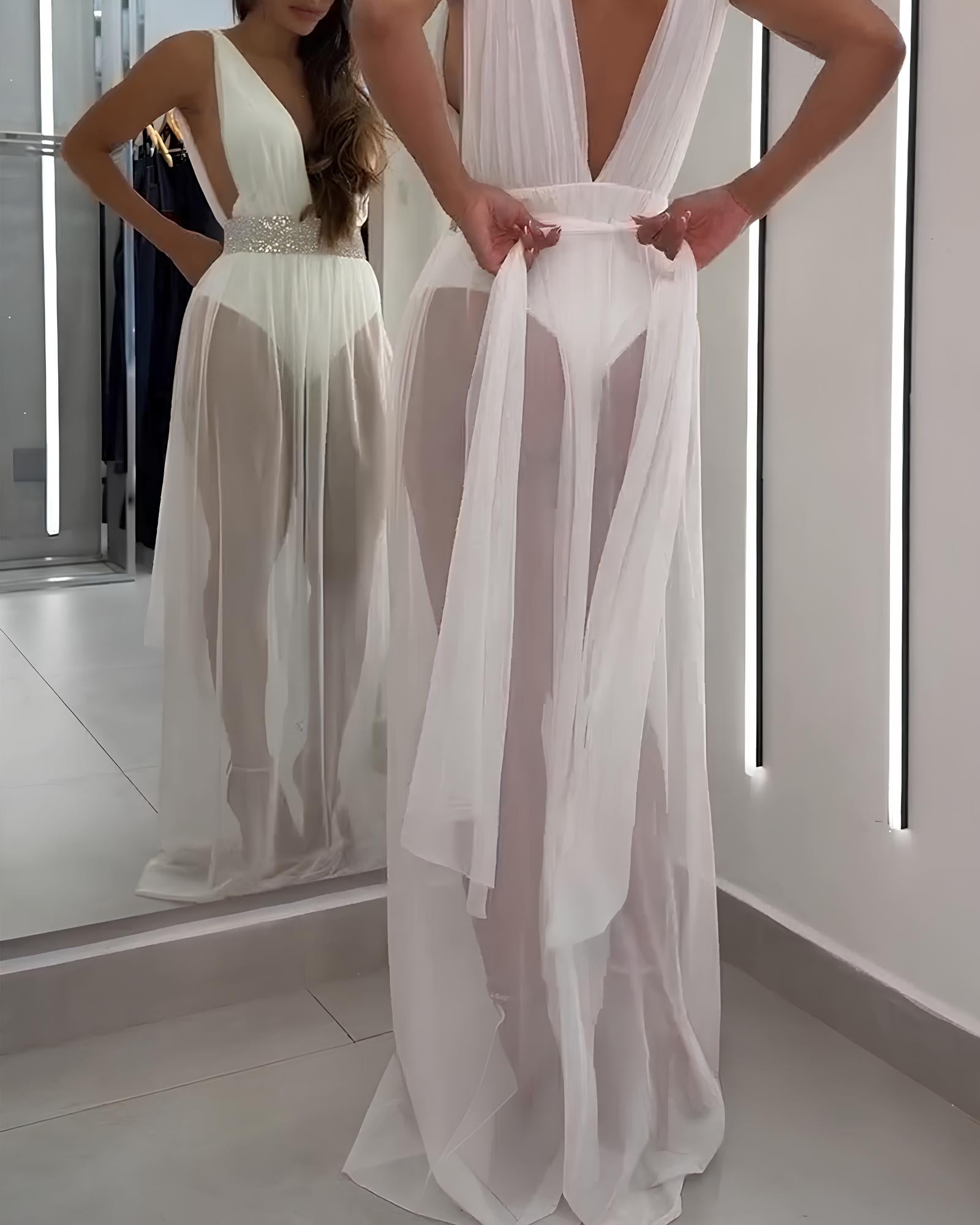 Deep V Sleeveless White Mesh Slit Long Beach Vacation Dress